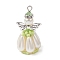 Pearlized Glass Pearl Beads  Pendants, Angel Charms, with Alloy Wings and Iron Findings, Green Yellow, 41x22x20mm, Hole: 3mm