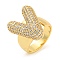 Brass Micro Pave Clear Cubic Zirconia Letter Open Cuff Ring for Women, Real 18K Gold Plated, Letter V, 22x19mm, Inner Diameter: 21mm