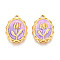 304 Stainless Steel Enamel Pendants, Real 18K Gold Plated, Oval with Flower Charm, Ion Plating(IP), Medium Purple, 21.5x15.5x3mm, Hole: 1.5mm