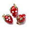 Handmade Lampwork Pendants, Strawberry, with Rack Plating Golden Tone Brass Findings, Long-Lasting Plated, Red, 17.5~19.5x12~13mm, Hole: 4.5x3.5mm