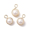 Natural Cultured Freshwater Pearl Copper Wire Wrapped Connector Charms, Round Links, Light Gold, 16~16.5x10~11x9.5~10mm, Hole: 3mm