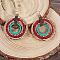 Flat Round Alloy Glass Seed Beads Dangle Earrings, with Imitation Leather, Golden, Dark Turquoise, 65x45mm