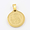 Fashionable 304 Stainless Steel Pendants, Flat Round with San Benito, Golden, 20x18x2mm, Hole: 3x5mm