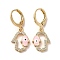 Hamsa Hand with Evil Eye Real 18K Gold Plated Brass Dangle Leverback Earrings, with Enamel & Cubic Zirconia, Pink, 28.5~29x12mm