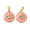 Brass Micro Pave Cubic Zirconia Pendants, with Enamel, Flat Round & Horse Eye Charms, Real 18K Gold Plated, Hot Pink, 16.5x14x3mm, Hole: 4x2.5mm
