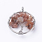 Natural Agate Pendants, with Brass Findings, Flat Round with Tree of Life, Platinum, 29x5~7mm, Hole: 4.5mm
