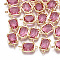 Glass Links connectors, with Brass Findings, Faceted, Rectangle, Golden, Hot Pink, 16x9x3.5mm, Hole: 1.2mm