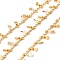 Handmade Brass Link Chain, with Glass Beads, Soldered, with Spool, Real 18K Gold Plated, Misty Rose, 3x1.5x0.3mm and 7x3x2~2.5mm, about 16.40 Feet(5m)/Roll