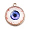 Halloween Theme Glass Pendants, with Golden Alloy Findings, Flat Round with Evil Eye, Mauve, 23x20x6.5mm, Hole: 2.5mm