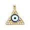 Real 18K Gold Plated Brass Pendants, with Glass and Acrylic, Triangle With Evil Eye Charms, Blue, 27x28x7mm, Hole: 4x3.5mm