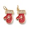 Christmas Style Brass Micro Pave Clear Grade AAA Cubic Zirconia Pendants, with Red Enamel & Jump Rings, Long-Lasting Plated, Glove, Real 18k Gold Plated, 17x11x2mm, Hole: 3mm, Jump Ring: 5x1mm