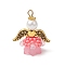 Glass Seed Beaded Angel Pendants, with Acrylic Beads Caps & Alloy Wing & 304 Stainless Steel Loop, Pink, 22.5x20x14mm, Hole: 1.5mm