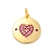 Brass Micro Pave Cubic Zirconia Pendants, Long-Lasting Plated, Lead Free & Cadmium Free, Gold, Round with Heart, Medium Violet Red, 18.5x16x1.5mm, Hole: 3mm