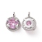Brass Pendants with Pink Glass, Flat Round Charms, Platinum, 11x8x5mm, Hole: 1.4mm