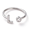 Brass Micro Pave Clear Cubic Zirconia Cuff Rings, Open Rings, Long-Lasting Plated, Platinum, Letter L, US Size 6, Inner Diameter: 17mm