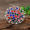 Vintage Ethnic Style Hollowed-out Flower Zinc Alloy Rhinestone Rings, Antique Silver, Colorful, Inner Diameter: 17mm
