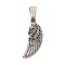 304 Stainless Steel Pendants, Wing Charm, Antique Silver, 35x13x2.5mm, Hole: 9x4.5mm