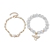 Heart Wings Brass Micro Pave Clear Cubic Zirconia Paperclip Chain Bracelet Sets, 8mm Round Cat Eye Beaded Stretch Bracelets with Angel Charms for Women, Golden, Inner Diameter: 1-7/8 inch(4.75cm)