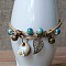 Adjustable Handmade Porcelain Flower Beads Braided Beads Bracelets, Alloy Leaf Charm Bracelets for Women, Light Sky Blue, 7-1/8 inch(18cm)
