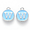 Platinum Plated Alloy Enamel Charms, Cadmium Free & Lead Free, Enamelled Sequins, Flat Round with Letter, Sky Blue, Letter.W, 14x12x2mm, Hole: 1.5mm