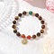 Natural Striped Agate & Tiger Eye Round Beaded Bracelets, Brass Micro Pave Clear Cubic Zirconia Sun Charm Bracelets for Women, Inner Diameter: 2-1/8 inch(5.3cm)