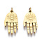 304 Stainless Steel Pendants, with Jump Rings, Hamsa Hand/Hand of Fatima/Hand of Miriam with Eye, Real 14K Gold Plated, 15x7.5x1mm, Jump Ring: 2.7x0.4mm, 1.9mm inner diameter