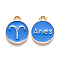 Alloy Enamel Pendants, Cadmium Free & Lead Free, Flat Round with Constellation, Light Gold, Dodger Blue, Aries, 22x18x2mm, Hole: 1.5mm