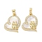 Brass Micro Pave Clear Cubic Zirconia Pendants, Cadmium Free & Lead Free, with Shell, Real 18K Gold Plated, Owl, Heart, 19.5x16.5x3mm, Hole: 5x3.7mm