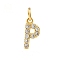 Brass Cubic Zirconia Pendants with Jump Rings, Real 18K Gold Plated, Letter P, 15x7.8x2.2mm, Hole: 2.8mm