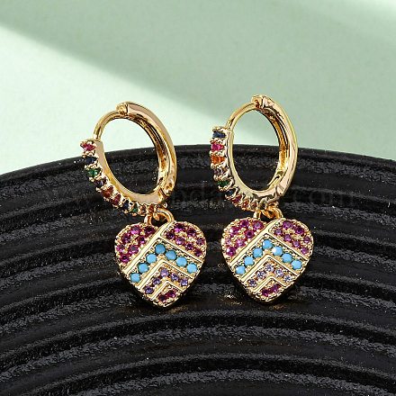 Серьги-кольца из латуни с микропаве и прозрачным кубическим цирконием в форме сердца EJEW-F384-09G-1