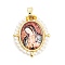 Rack Plating Brass Enamel Pendants, with Plastic Imitation Pearl, Long-Lasting Plated, Cadmium Free & Lead Free, Real 18K Gold Plated, Oval with Virgin Mary Charm, Indian Red, 28x22.5x6mm, Hole: 4.5x3.5mm