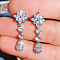 Flower & Teardrop Brass Micro Pave Clear Cubic Zirconia Dangle Stud Earrings, Platinum, 45mm