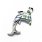 Abalone Shell/Paua Shell Pendants, Single Side, with Brass Findings, Dolphin, Colorful, 35x23x5mm, Hole: 5x7mm