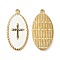 PVD Vacuum Plating 201 Stainless Steel Enamel Pendants, with Rhinestones, Real 18K Gold Plated, Oval with Cross Charm, White, 33x16.5x2.5mm, Hole: 1.2mm