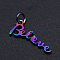Ion Plating(IP) 201 Stainless Steel Pendants, Inspirational Message Pendants, with Jump Rings, Word Believe, Rainbow Color, 8x20x1mm, Hole: 3mm
