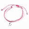 Waxed Polyester Cord Braided Bracelets, with Brass Beads, 304 Stainless Steel Charms, Flat Round with Cross, Pink, Inner Diameter: 2~3-3/4 inch(5.2~9.6cm)