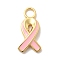 925 Sterling Sliver Pink Enamel Charms, Golden, with 925 Stamp, Awareness Ribbon, 15x7.5x1.5mm, Hole: 2.5mm