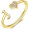 Adjustable Brass Rhinestone Cuff Rings, Letter & Heart, Golden, Letter J, Inner Diameter: 15~20mm