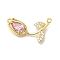 Brass Cubic Zirconia Rose Flower Connector Charms, Cadmium Free & Lead Free, Real 16K Gold Plated, Pink, 13.5x25x5.5mm, Hole: 1.2mm