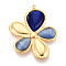 304 Stainless Steel Pendants, Flower, with Glass, Real 18K Gold Plated, Ion Plating(IP), Prussian Blue, 35.5x29x4~4.5mm, Hole: 1.6mm