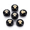 Handmade Lampwork Beads, with Golden Plated Brass Etched Metal Embellishments, Flat Round with Tortoise, Black, 8x5~6mm, Hole: 0.8mm