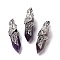Natural Amethyst Pendants, with Platinum Tone Brass Findings, Cadmium Free & Lead Free, Double Terminal Pointed Bullet with Feather, 45~47.5x14~14.5x13~14mm, Hole: 8x5mm