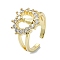 Brass with Cubic Zirconia Open Cuff Ring, Cadmium Free & Nickel Free & Lead Free, Love Dress, Real 18K Gold Plated, US Size 7 1/4(17.5mm)