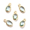 Eco-Friendly Brass with Glass Pendants,  Long-Lasting Plated, Lead Free & Cadmium Free & Nickel Free, Oval, Real 18K Gold Plated, Cadet Blue, 9x4.5x2mm, Hole: 1.2mm