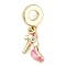 Rack Plating Brass Clear Cubic Zirconia Makeup European Dangle Charms, Enamel High-heeled Shoes Large Hole Pendants, Real 18K Gold Plated, Long-Lasting Plated, Cadmium Free & Lead Free, Pink, 29mm, Hole: 4.5mm, Pendant: 18.5x10.5x4.5mm