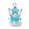 Glass Pendants, Angle, with Alloy Wing Beads & Iron Loop, Faceted, Dark Turquoise, 29x18x16mm, Hole: 3mm