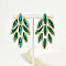 Real 18K Gold Plated 201 Stainless Steel Stud Earrings, Glass Rhinestone Leaf Earrings for Women, Dark Green, 55x30mm