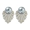 Rack Plating Fan Brass Micro Pave Clear Cubic Zirconia Stud Earrings, with Shell Pearl, Platinum, 28x21.5mm