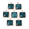 Dyed Natural White Jade Faceted Pendants, Brass Square Charms, Golden, Teal, 18x14~15x6~6.5mm, Hole: 1.8mm
