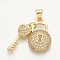 Brass Micro Pave Cubic Zirconia Pendants, Cadmium Free & Lead Free, Padlock with Key, Clear, Golden, 18.5x12x4mm, Hole: 4x3mm